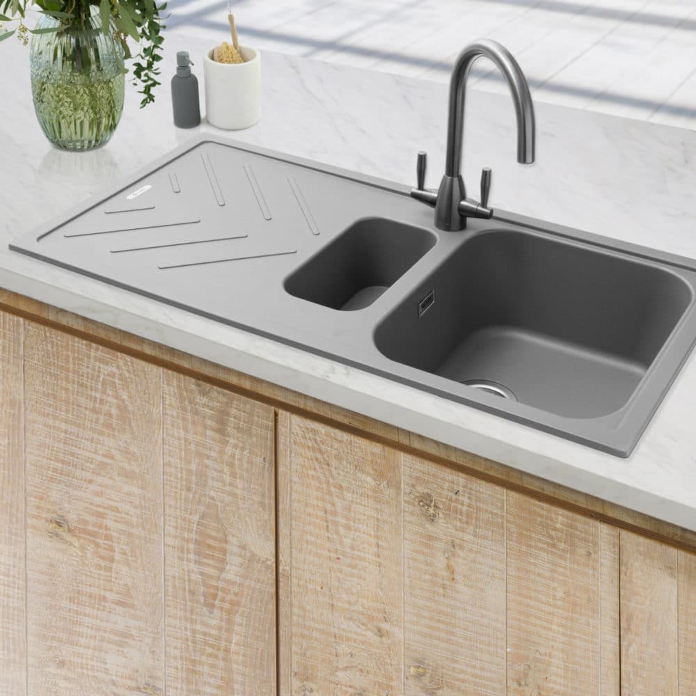 Geotech Granite Inset Sink with Drainer in Pebble Grey