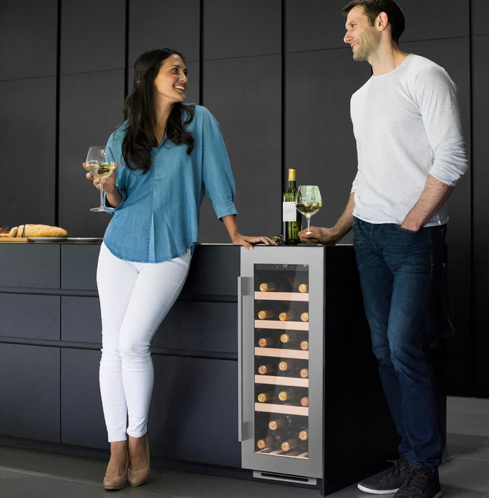 30cm Wine Cooler Single Zone in Stainless Steel in a Kitchen