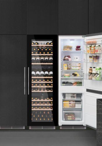 Built-in Triple Zone Wine Cooler in Black Glass with a Fridge Freezer