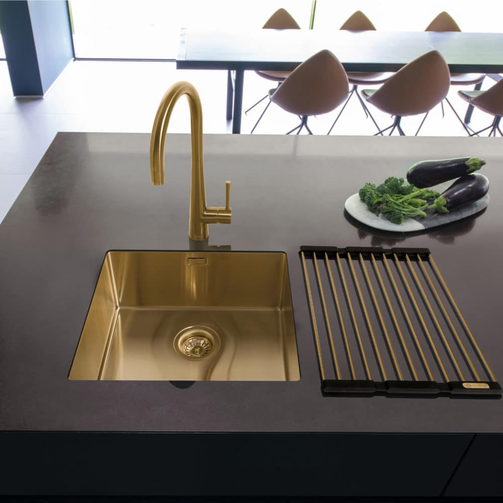 Gold Stainless Steel Sink & Single Control Tap with Fold Mat