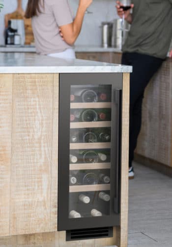 30cm Wine Cooler Single Zone in Gunmetal in a Kitchen with Wine Bottle