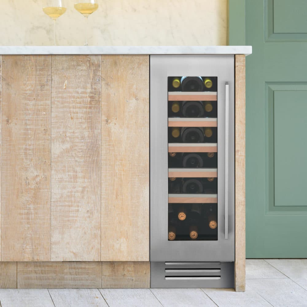 30cm Wine Cooler Single Zone in Stainless Steel in a Kitchen