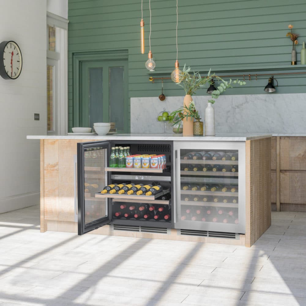 Two Stainless Steel 60cm Wine Coolers with one door open and shelves out