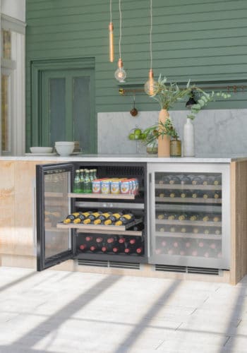 Two Stainless Steel 60cm Wine Coolers with one door open and shelves out