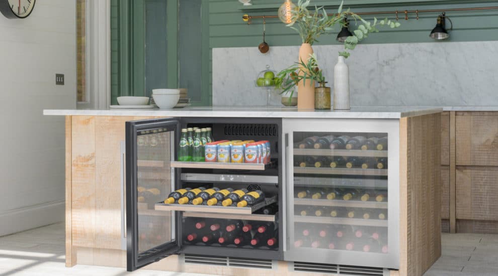 Two Stainless Steel 60cm Wine Coolers with one door open and shelves out