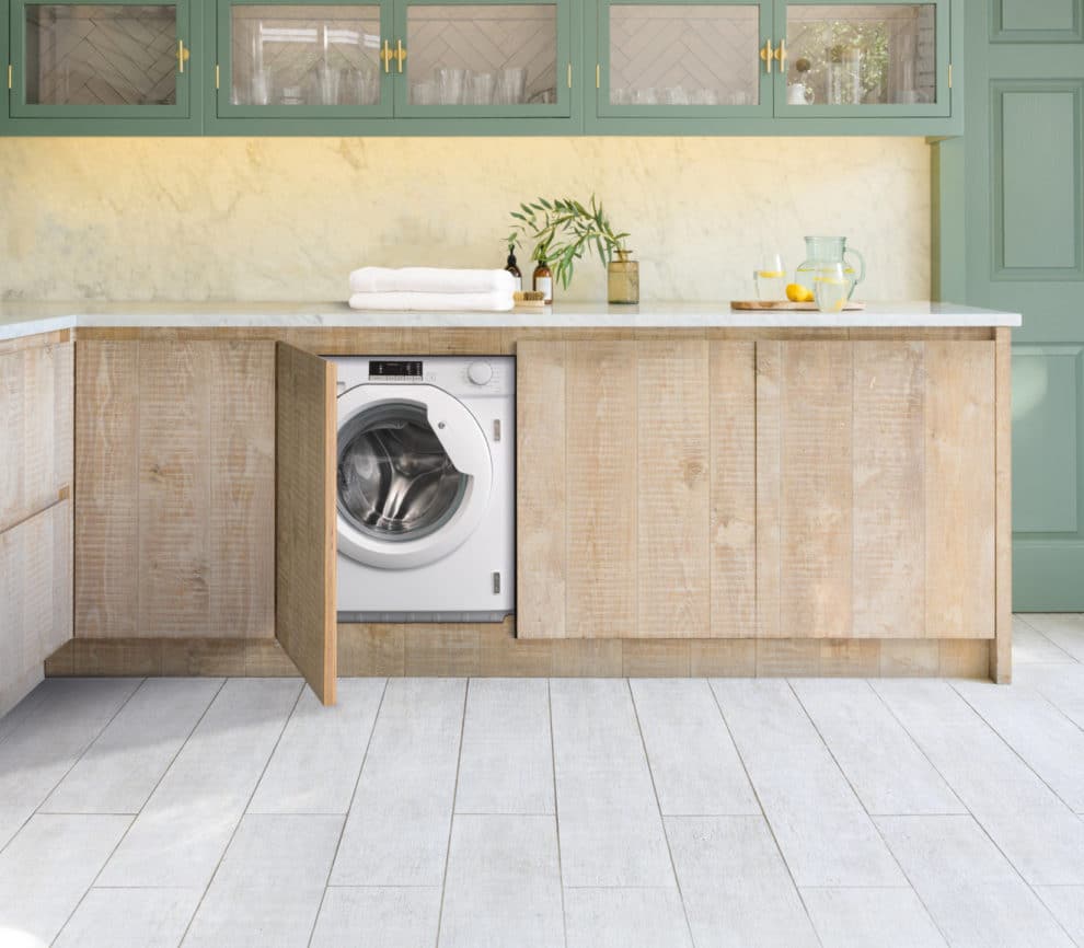 Washing Machine in a Wood and Green Kitchen