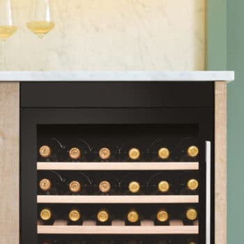 Wine Cooler in black glass with matching black glass filler panel