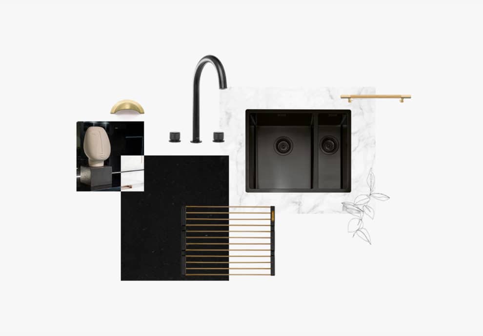 Sleek Black kitchen with marble and gold & black steel sink tap duo