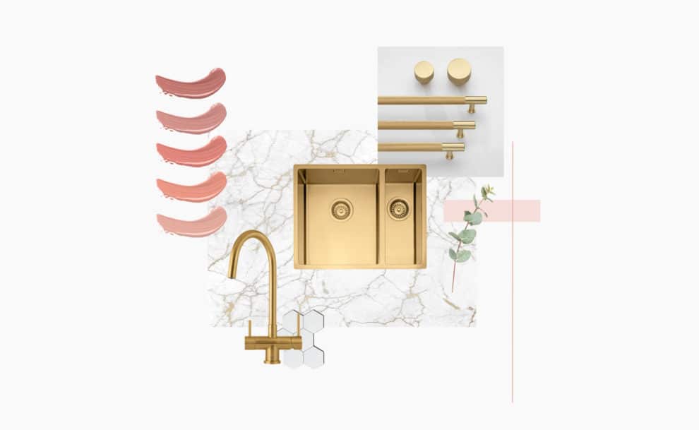 Gold sink and Tap with dusky pink tones kitchen Mood board