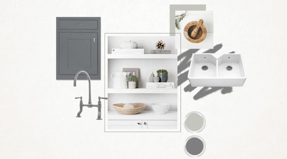 Grey traditional Kitchen interior mood board inspiration with swatches