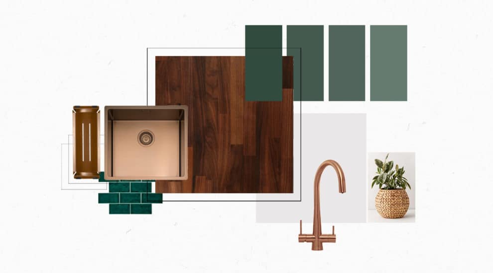 Green, the most popular kitchen colour in 2020 with copper sink, tap & accessories