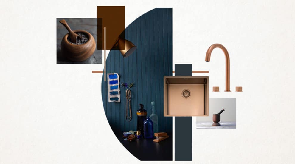 Kitchen trends 2020 copper sink and tap with peacock blue
