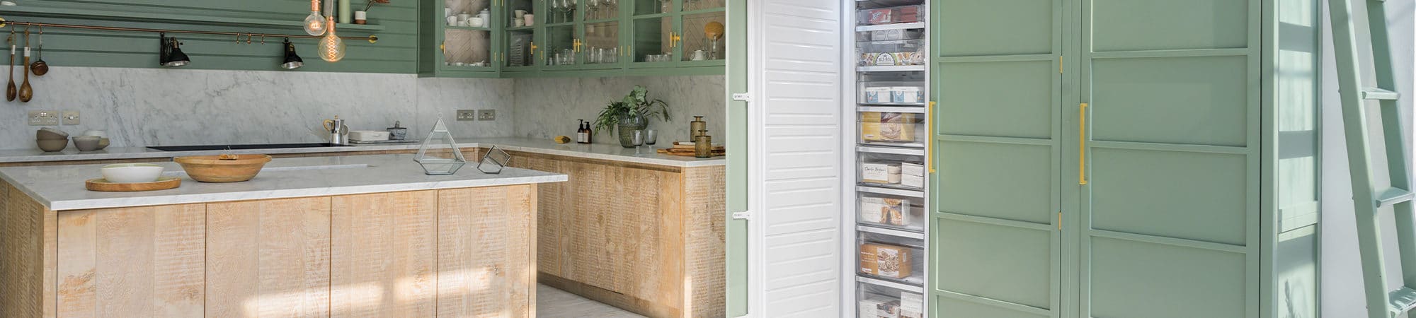 Integrated Freezer in green and wood kitchen