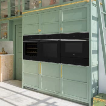 Black Glass Wine Cabinet, Single Oven, Steam Oven & Warming Drawer