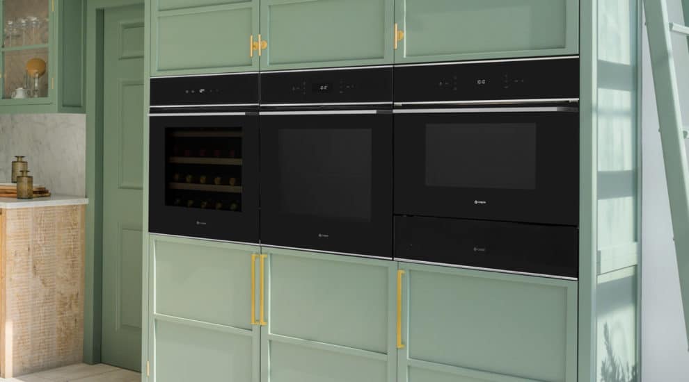 Black Glass Wine Cabinet, Single Oven, Steam Oven & Warming Drawer