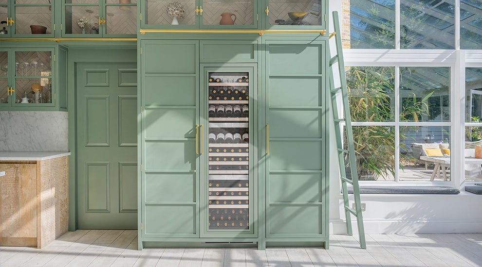 Integrated In-column Triple Zone Wine Cabinet in Green Kitchen