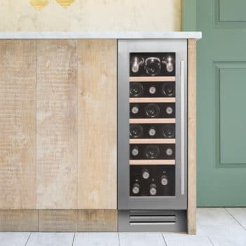30cm Wine Cooler Single Zone in Stainless Steel in a green and wood kitchen