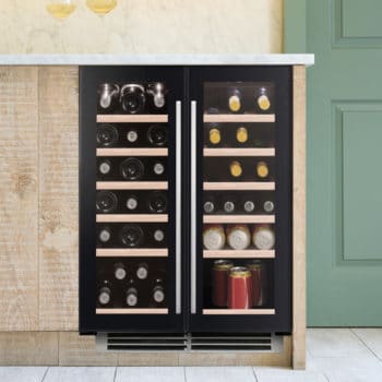 60cm Undercounter two door black glass wine cooler with wine bottles and wine glasses