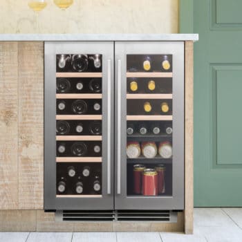 60cm Undercounter two door stainless steel wine cooler with wine bottles and wine glasses