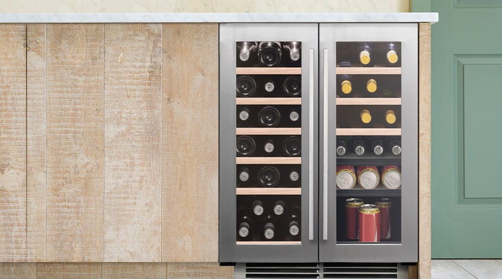 60cm Undercounter two door stainless steel wine cooler with wine bottles and wine glasses