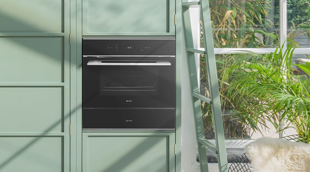 Black glass microwave and matching warming drawer
