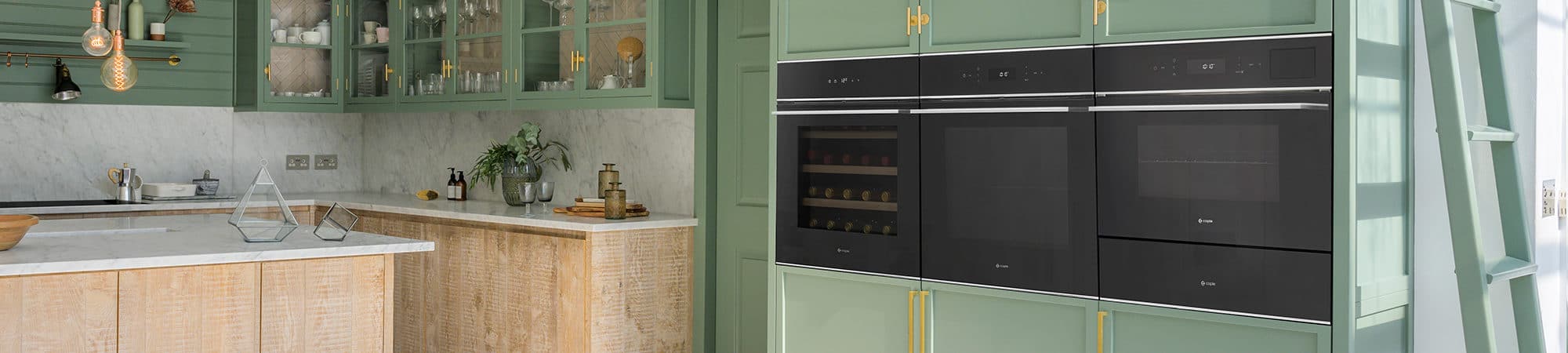 Black glass wine cabinet, single oven and microwave