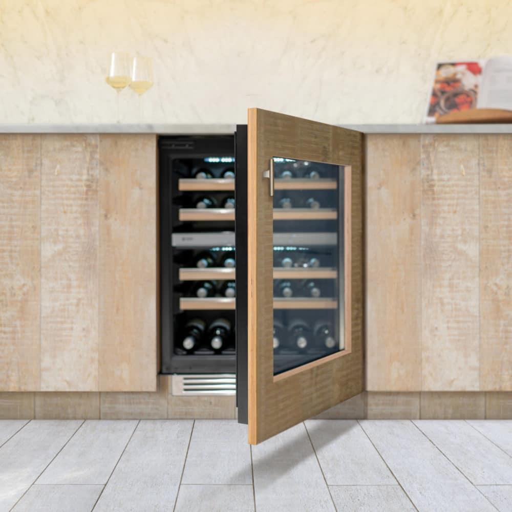 60cm Wine Cooler with Furniture surround door with glasses