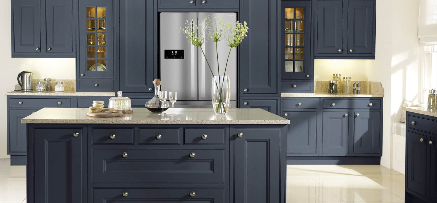 Shaker-Style In-Frame Kitchen with Beaded Panels in Navy